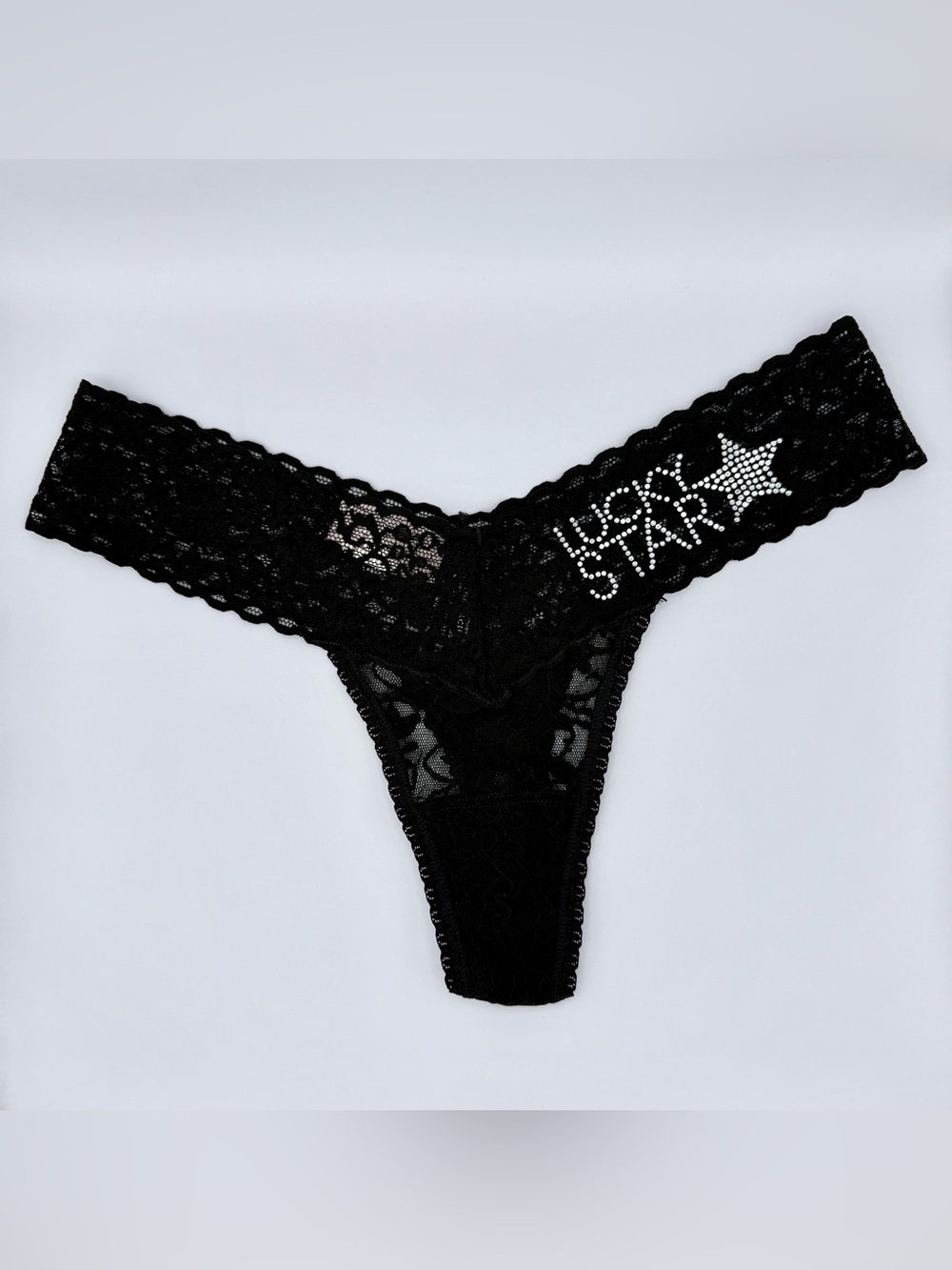NEW! Victoriaโs Secret Black THE LACIE THONG - LUCKY STAR Bling - OS One Size ๐ค